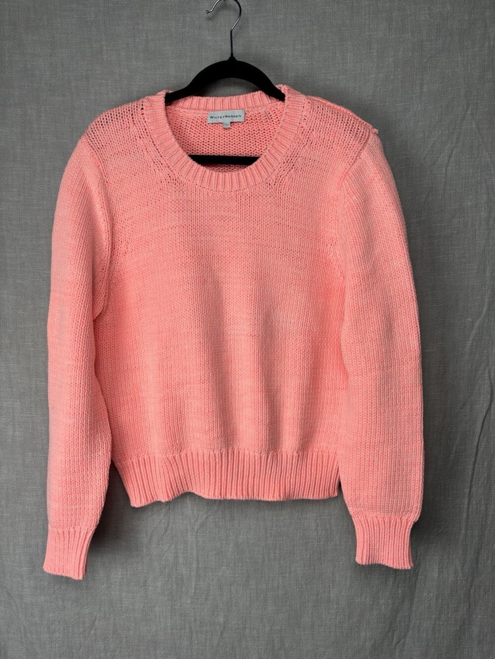 WHITE + WARREN womens size M open knit Neon coral cotton Blend sweater